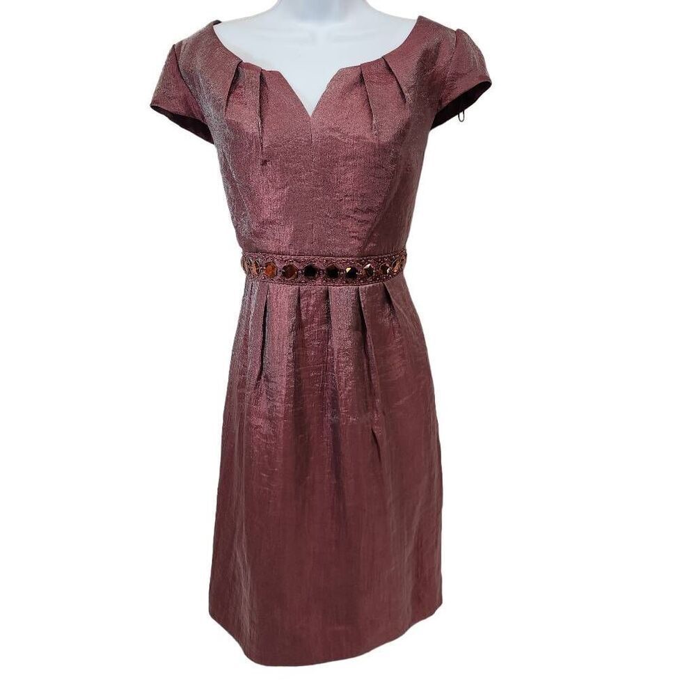 Adrianna Papell Pink Shimmer Dress Short Sleeve Shantung Size 14 Embelished Wais